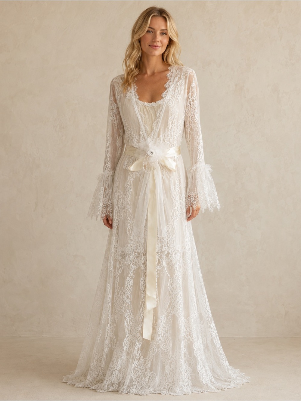 Romantic Ivory Lace Bell Sleeve Boho Wedding Dress Set